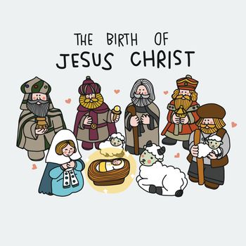 The birth of Jesus Christ cute cartoon vector illustration doodle style