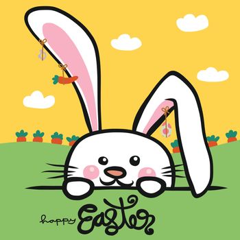Hello Easter white rabbit in carrot farm cartoon vector illustration doodle style