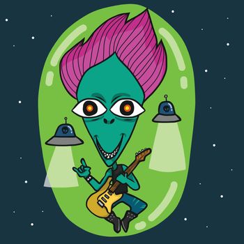 Punk rocker alien play guitar in space cartoon vector illustration