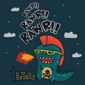 Punk Godzilla attacking city cartoon vector illustration