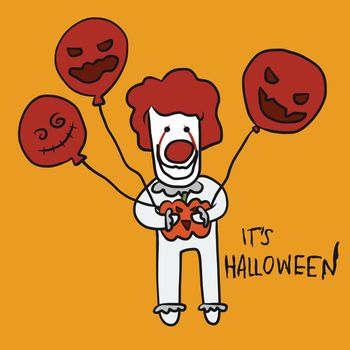 Scary clown with red balloon, Happy Halloween cartoon vector illustration