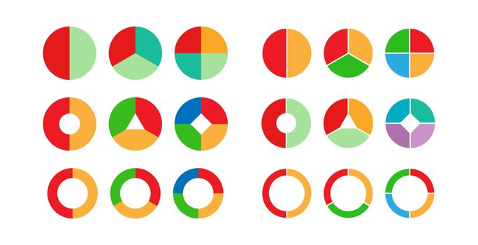 set of colored pie charts for 2, 3, 4 steps or sections to illus