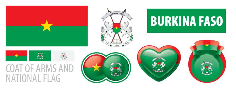 Vector set of the coat of arms and national flag of Burkina Faso.