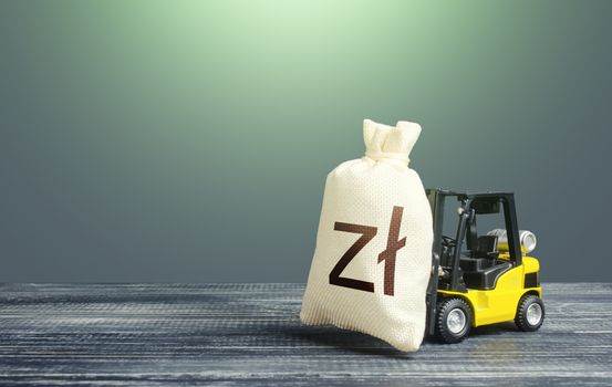 Forklift transports a polish zloty money bag. Attraction of investments in business and economy, cheap loans, leasing. Stimulating economy. Crisis recovery measures. Borrowing on capital market.