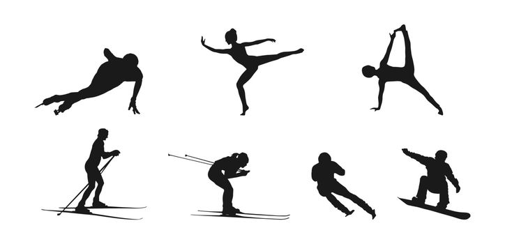 Vector set of flat silhouettes of athletes isolated on a white b