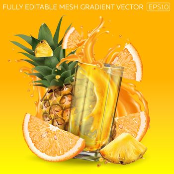Fruit juice splashing in a glass, pineapple and orange.
