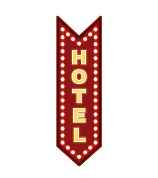 Hotel sign red arrow neon lights. Vector vintage motel wall sign showing down. Graphic isolated illustration