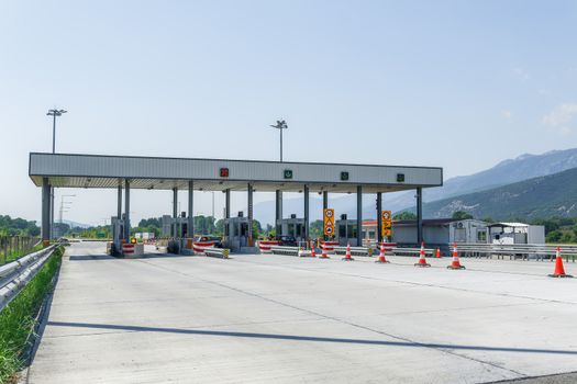 Moustheni, Greece Highway toll stations with fee collecting booths.