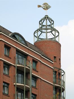 Weather vane FISH on a turret of a residential building, Hamburg, Germany.