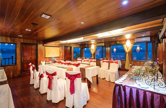 Beautiful interior design in dining room of ship.