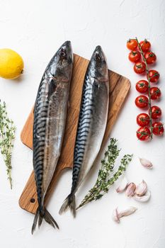 Two mackerel with ingredients on white textured background, top view