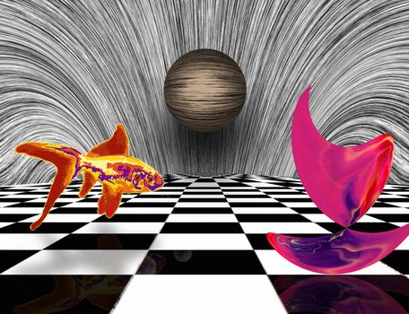 Surreal composition. Pink matter on chessboard, sphere and golden fish. 3D rendering