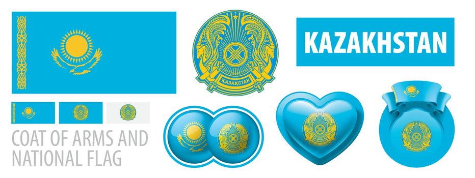 Vector set of the coat of arms and national flag of Kazakhstan
