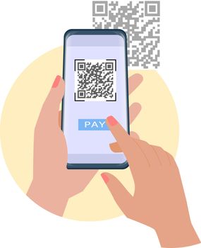 Qr code payment. Hand holding smartphone to use the app to pay with qr code. Vector illustration.