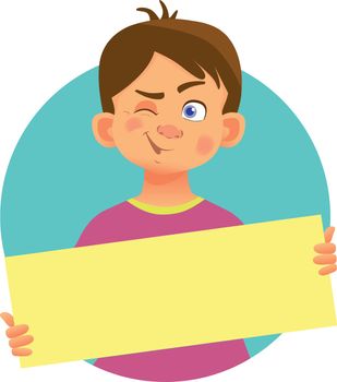 Winking boy holding blank poster. Blank message vector illustration. Hands holding blank paper