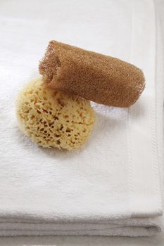 lufa sponge and sea sponge on towel