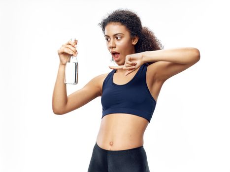 Sportive woman strange figure exercise water bottle health