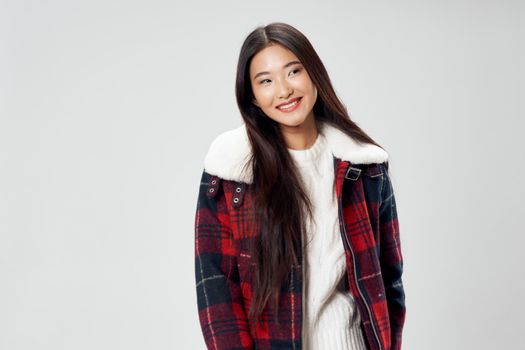 Woman checkered winter jacket smile cool lifestyle elegant style