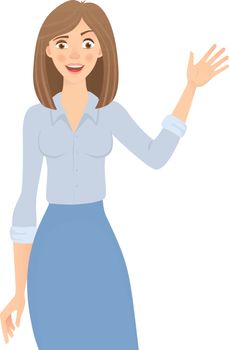Business woman isolated. Business pose and gesture. Young businesswoman vector illustration. Hand up