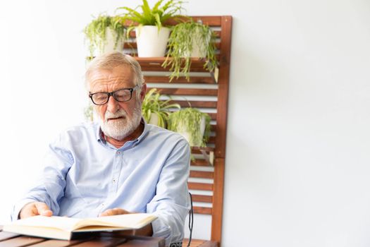 Senior retirement man happy reading book at home