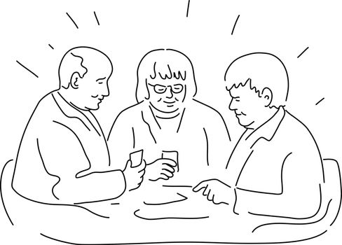 Group of Elderly or Senior Patients in Residential Care Facility Playing Cards Monoline Style
