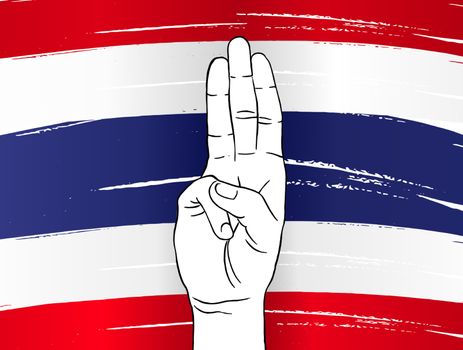 Protester show three fingers salute on  Thailand flag background