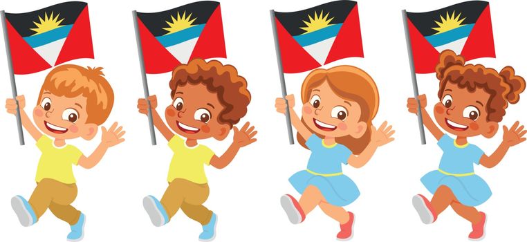 Antigua and Barbuda flag in hand. Children holding flag. National flag of Antigua and Barbuda vector