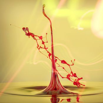 Liquid Drop Art Red Waterdrop Collapsing, Yellow Background
