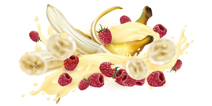 Bananas and raspberries in a milkshake or yogurt splash.