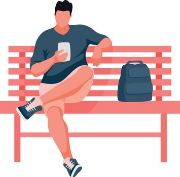 Man sitting on bench. Guy uses mobile phone. Vector Illustration
