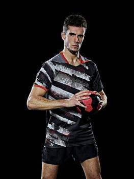 caucasian young handball player man isolated black background