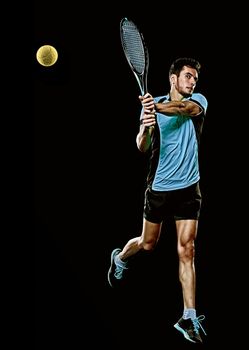 caucasian young tennis player man isolated black background