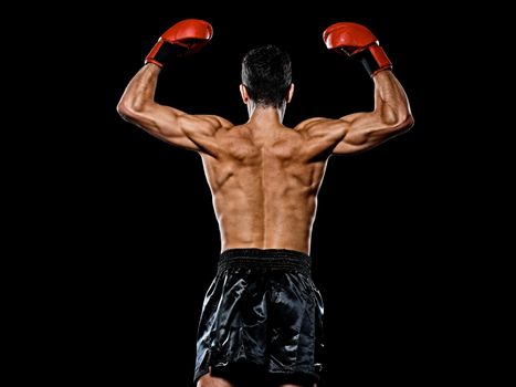 caucasian young boxer boxing man back rear view isolated black background