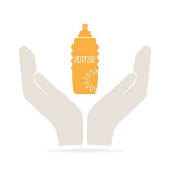 Sunscreen spray in hand icon, sunblock SPF 30