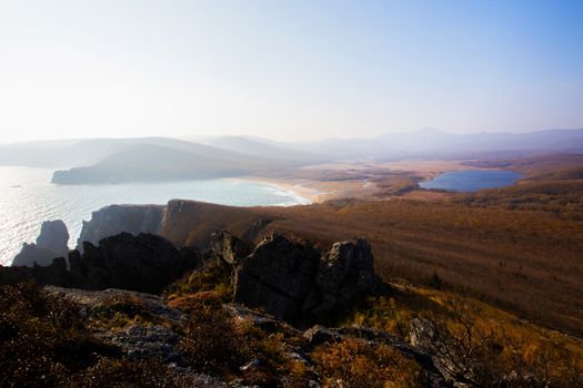 Sikhote-Alin Biosphere Reserve in the Primorsky Territory. Panoramic view of the sandy beach of the Goluchnaya bay and the lake.