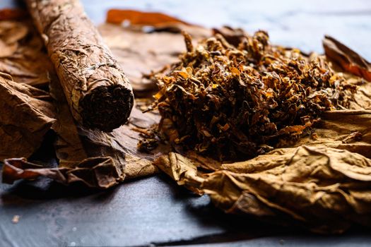 Close-up of cigar and pile of tobacco and dried tobacco leaf on wood background dark side view. close up