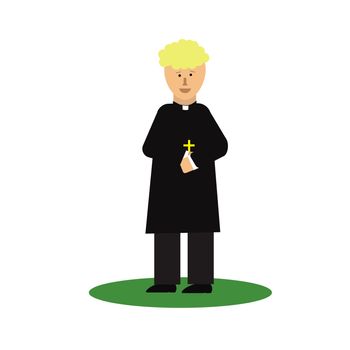 Catholic priest. Pastor reads prayer, holds cross, bible and gospel, bless parishioners. Flat cartoon illustration. Objects isolated on a white background.