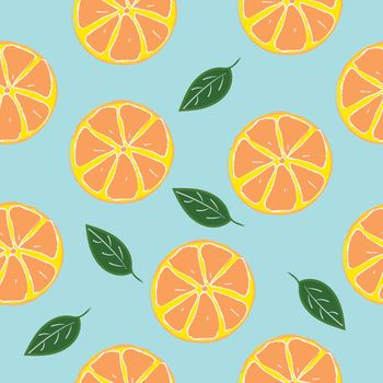 Sliced oranges seamless pattern with leaves
