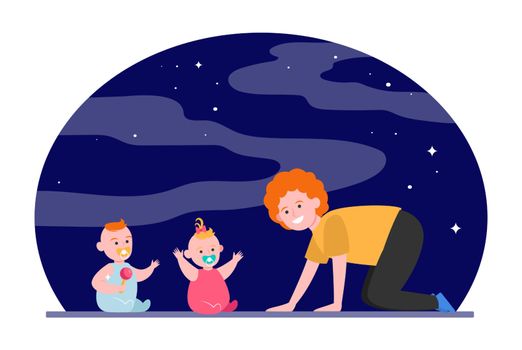 Cheerful mom playing with twin babies. Toys, babysitting, baby care flat vector illustration. Childhood, childcare, parenthood concept for banner, website design or landing web page