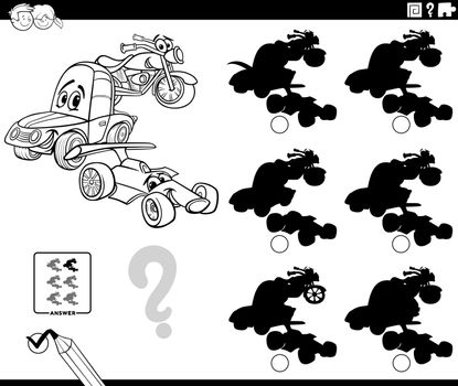 educational shadows game with vehicles coloring book page