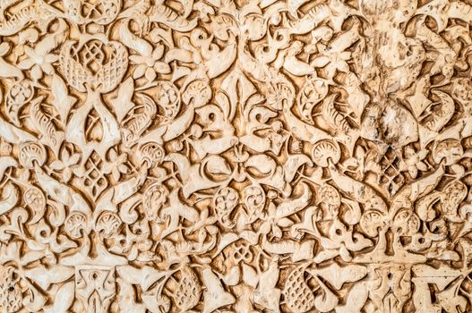 Beautiful pattern with golden elegant surface. Seamless abstract background. Traditional islamic art. Ornate eastern elements. Piece of arabesque. Indoor medieval house decoration.