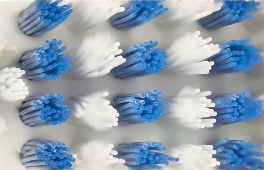 Toothbrush with blue white bristles in close up