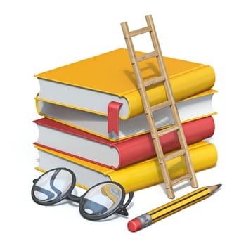 Books, pencil, glasses and wooden ladder 3D