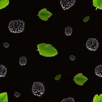 Falling Bramble Seamless pattern. Fresh Falling blackberry seamless pattern. Pattern with fresh wild berries isolated on black background.