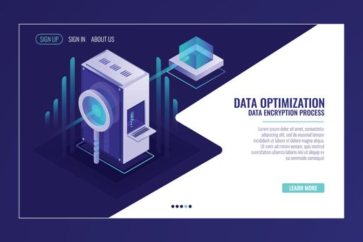 Information search data optimization concept, server room, magnifying glass, bigdata flow isometric