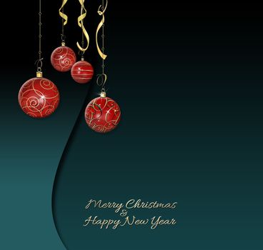 Elegant Christmas background with hanging red baubles on dark background