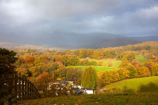 Colorful autumn landscape in the mountain village.