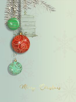 Christmas greeting card with balls, gold bird cage hanging on fir branches. Text Merry Christmas. Place for text. 3D render