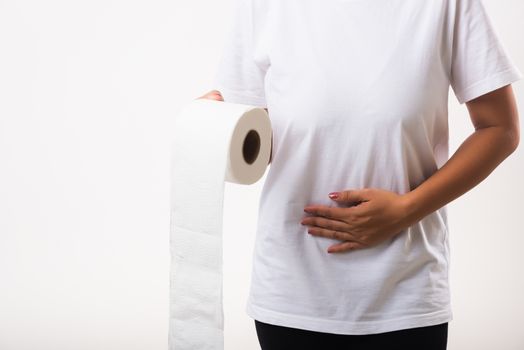 Woman diarrhea constipation holding tissue toilet paper roll on 