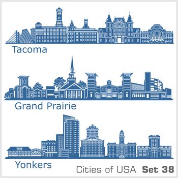 Cities of USA - Yonkers, Grand Prairie, Tacoma. Detailed architecture. Trendy vector illustration.